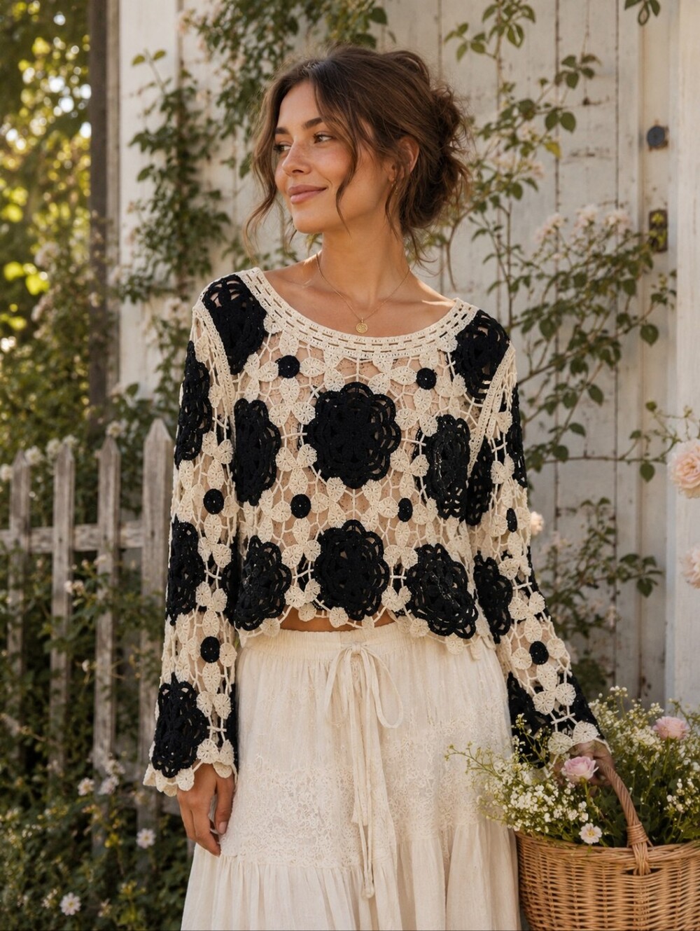 Rebellion Dream 1X Black & Cream Crochet Floral Sweater Top Boho Open Knit